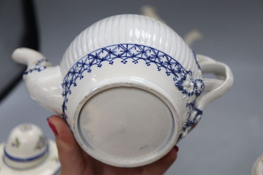 Two English blue and white tea / coffee pots, a Derby type pot pourri and a porcelain caddy